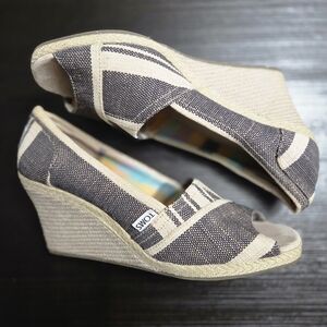 TOMS Women's Navy & Cream Striped Espadrille Wedges